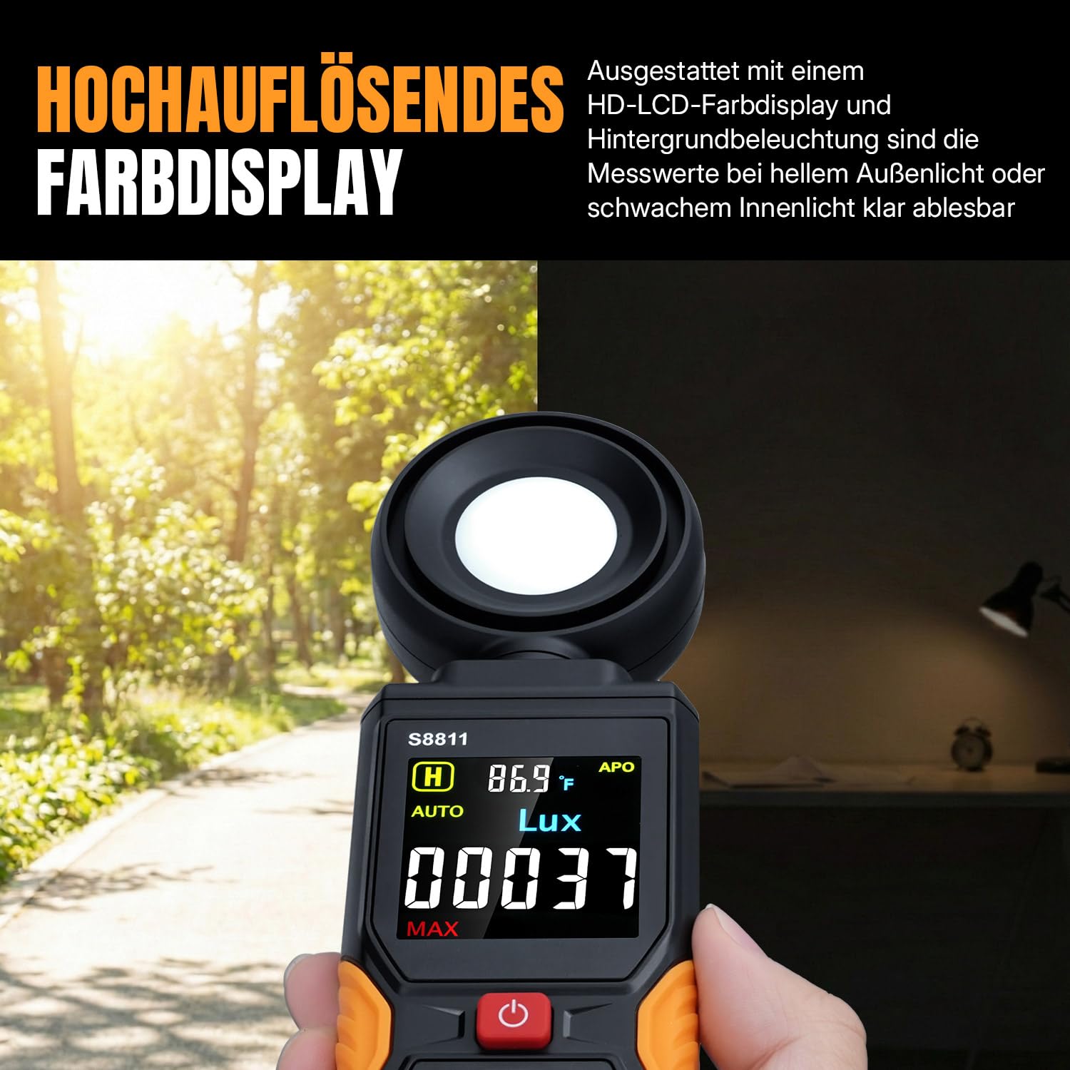 Mcbazel Digitales Luxmeter, Hochpräziser Belichtungsmesser Tragbare Photometer 200.000 Lux/FC mit 270° Sensor, HD-Farbdisplay & Umgebungstemperatur für Pflanzen, Fotografie & Innenräume