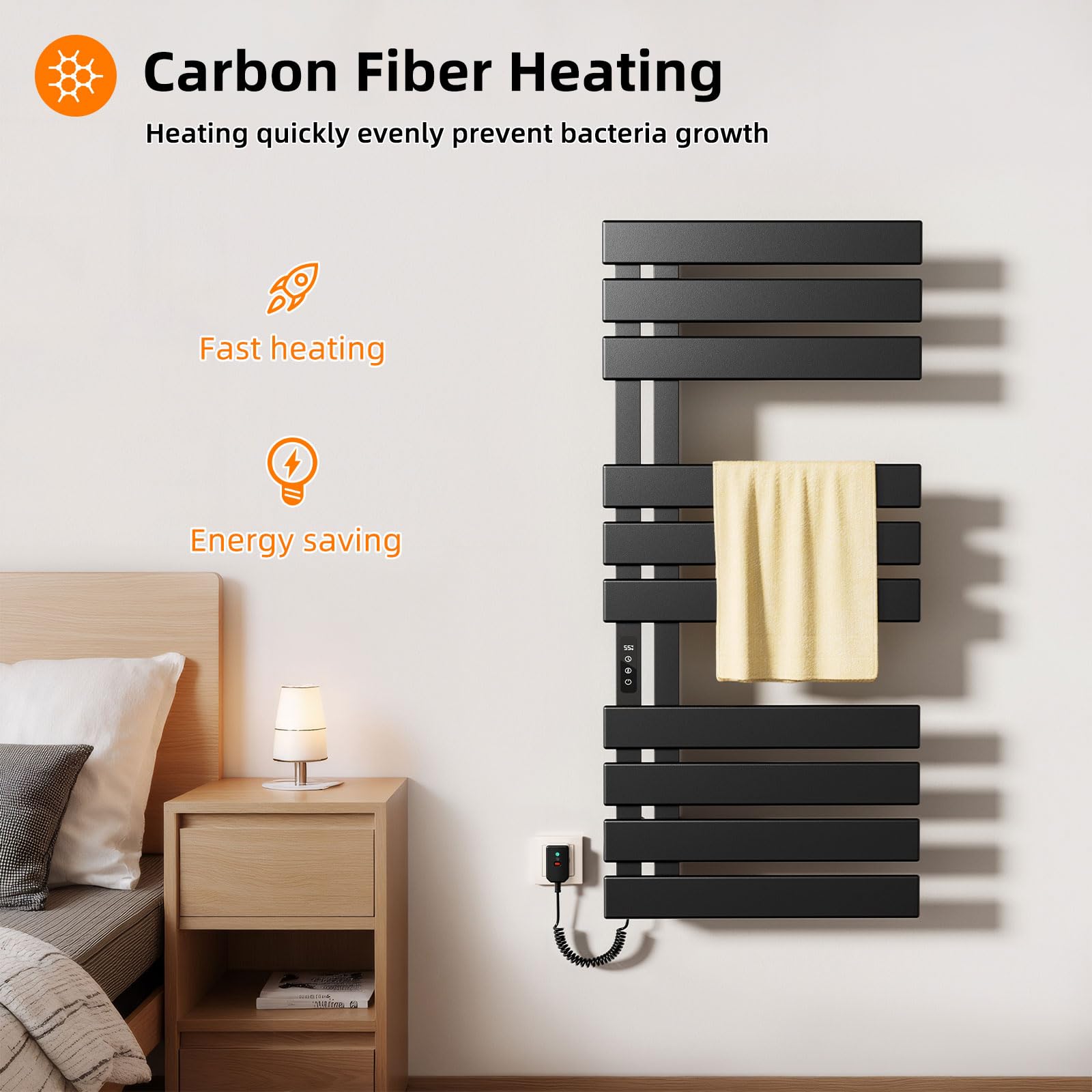 Radiador Toallero Eléctrico, 500x1100mm Toallero Baño Radiador, Secador de Toallas, Toallero Calentado, Secatoallas Electrico, Temperatura constante inteligente Calentador de Toallas Pared-Black Left