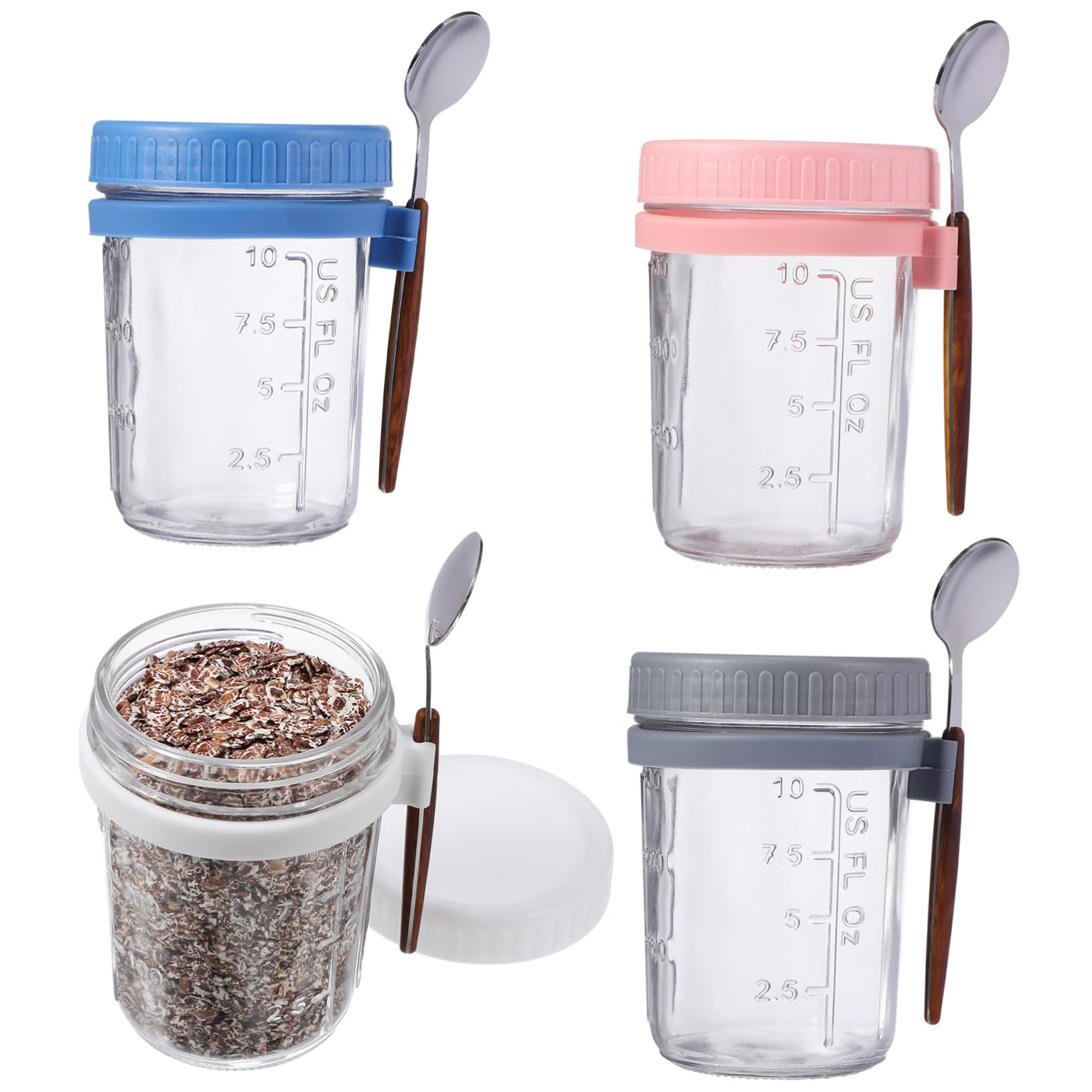 TOPBATHY Tarros de Desayuno de Cristal 400ml con Tapa y Cuchara, 4 Piezas | Vidrio y Silicona, Cierre Hermético Antiderrame, para Avena Nocturna en Cocina y Dormitorio