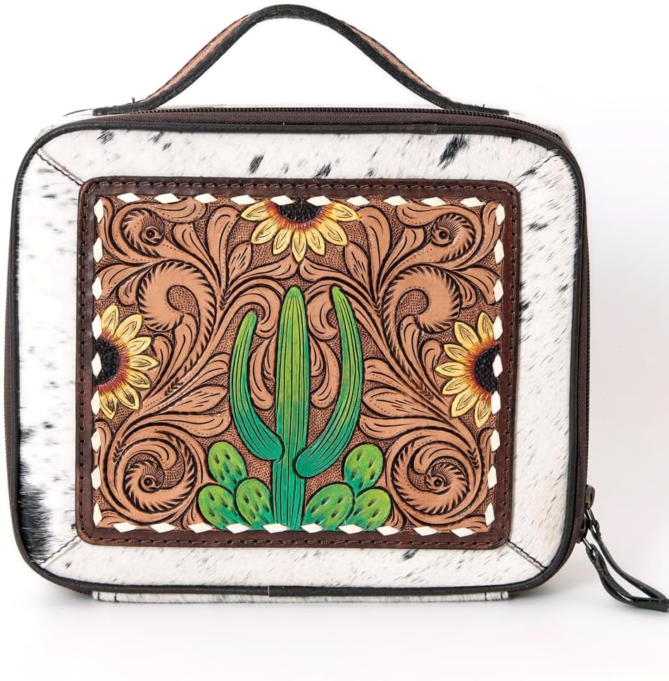 American Darling Jewelry Case for Women - Hair-On Cowhide, Hand Tooled Floral Carved Genuine Leather Travel Organizer