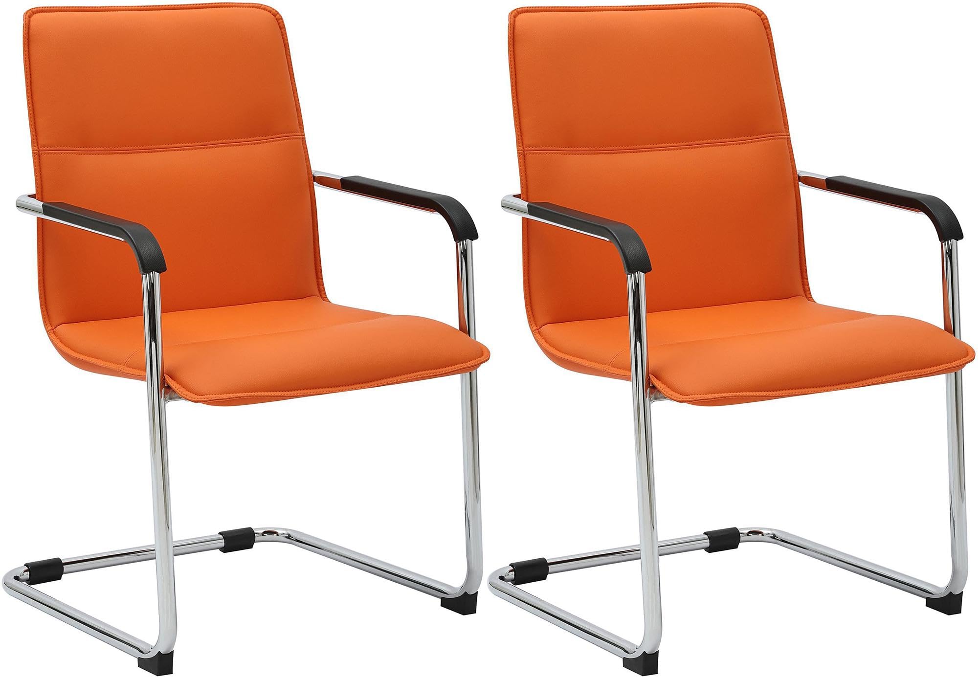 CLP Freischwinger Stühle 2er Set mit Armlehnen Seattle, Moderne Esszimmerstühle gepolstert mit Kunstlederbezügen, Gestelle in Chromoptik, Farbe:orange