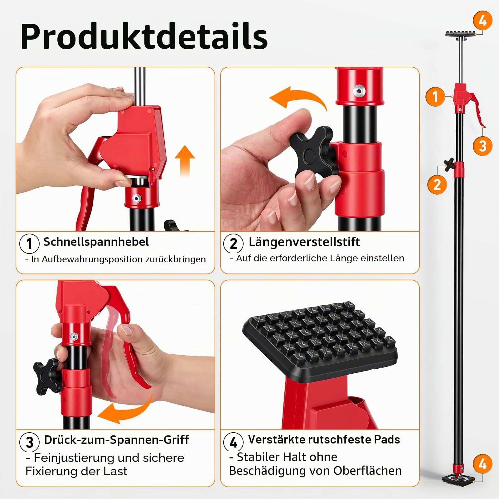 Deckenstütze 2 Stück, Montagestütze Bis 80KG Tragkraft, 125-290cm Teleskopstütze aus Stahl, Einhandstütze für Wände, Decken, Türzargen, mit Einhandabstützung