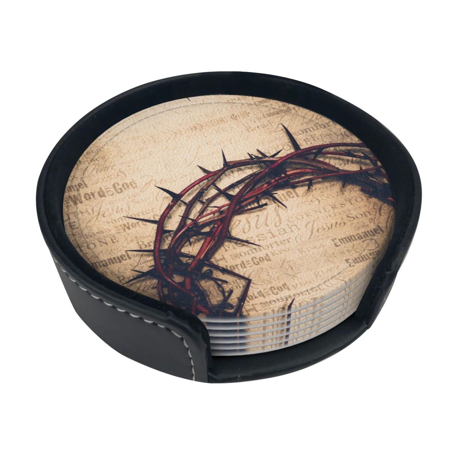 Coasters Set Of 6 Crown Of Thorns Print Leather Coasters For Drinks,Home Décor And Housewarming Gift