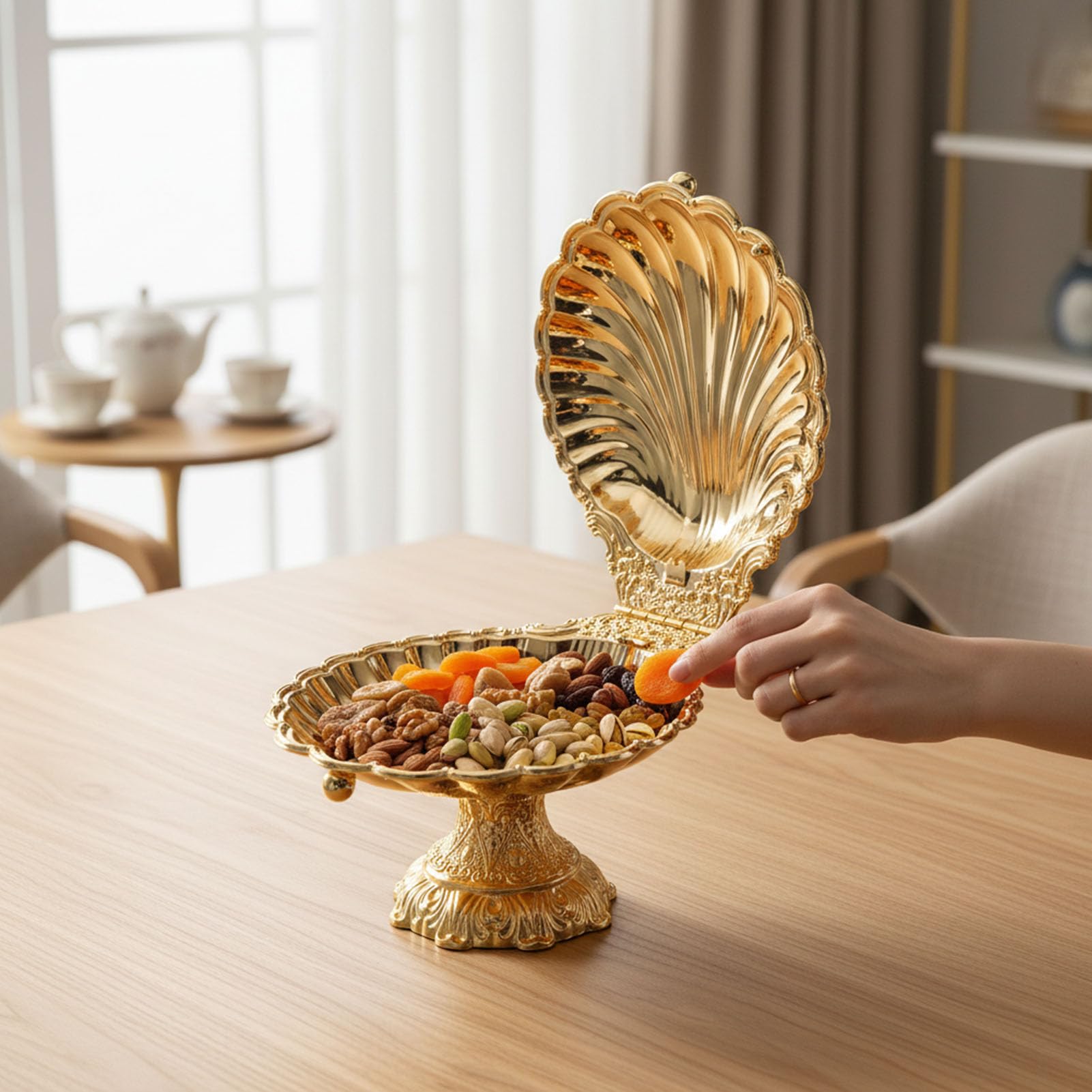 Fdit Plateau de Service, Assiette de Fruits en Alliage de Zinc en Métal en Forme de Coquillage Vintage doré avec Couvercle pour Fruits Secs, Collations, Noix, Bonbons