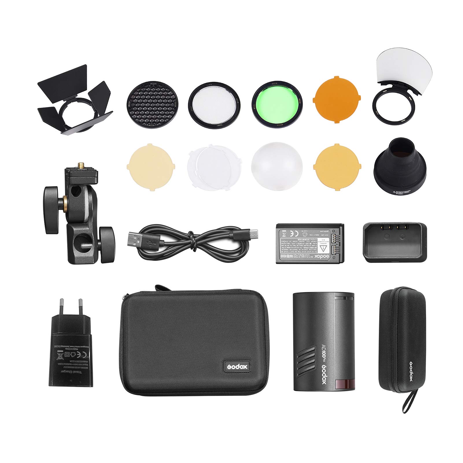 Godox AD100Pro - Flash para fotografía (5800 K, 1/8000s, sincronización TTL/Multi/M, con batería recargable de 2600 mAh, kit de accesorios para flash de bolsillo GODOX AK-R1)