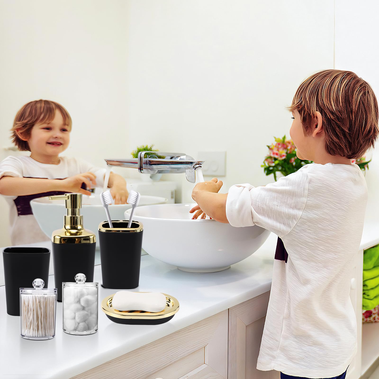 XLHOMO Juego de 22 piezas de accesorios de baño negros completos con cortina de ducha negra degradada, papelera, soporte para cepillo de dientes, vaso para cepillo de dientes, dispensador de jabón,
