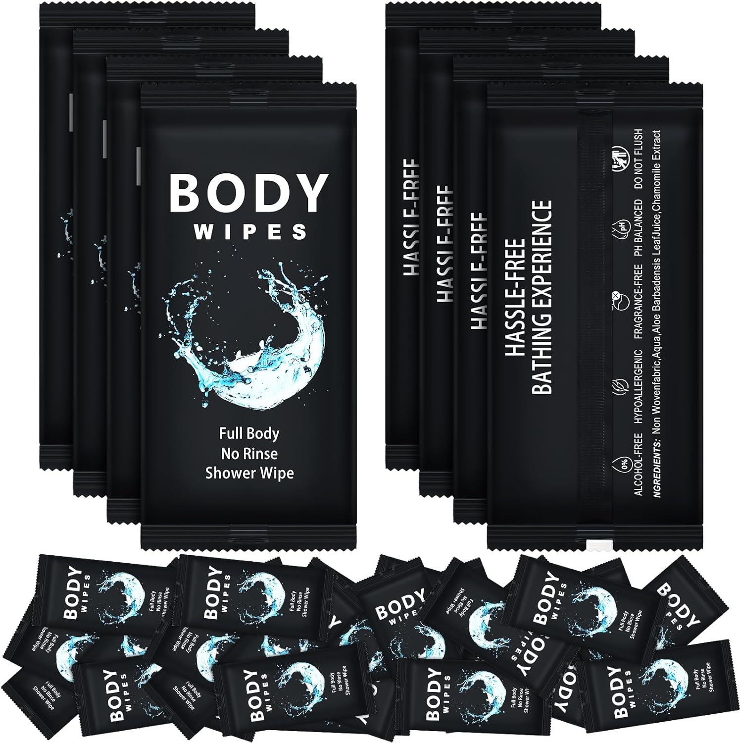 Treela 300 Pcs Large Body Wipes Bulk Deodorant Travel Size for Homeless Care Package Supplies Individually Wrapped Adults Bathing No Rinse Wet Wipes Men Women Hygiene Items(7.09" X 9.84",Black)