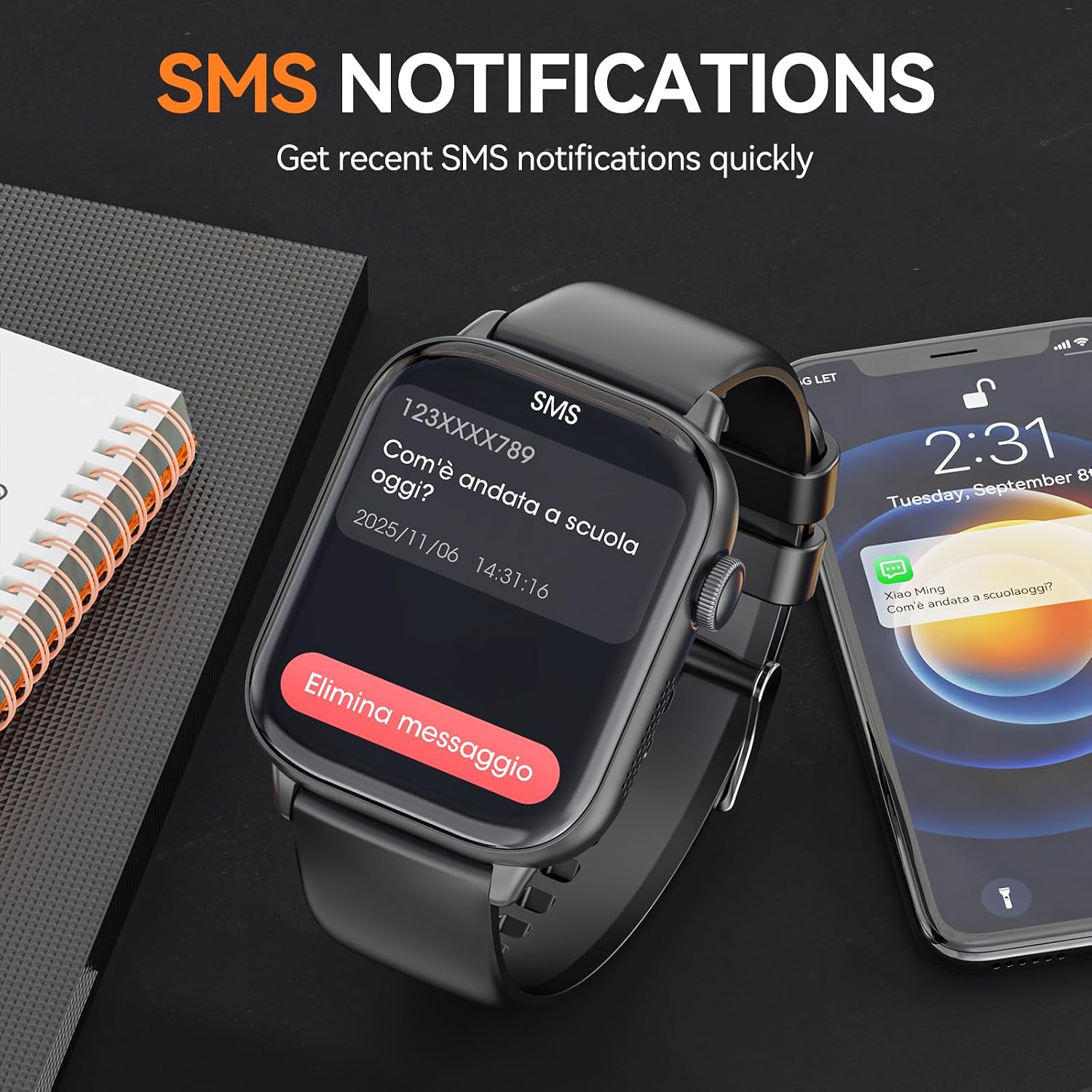 Smartwatch displaying an SMS notification, with a smartphone in the background also showing a message.
