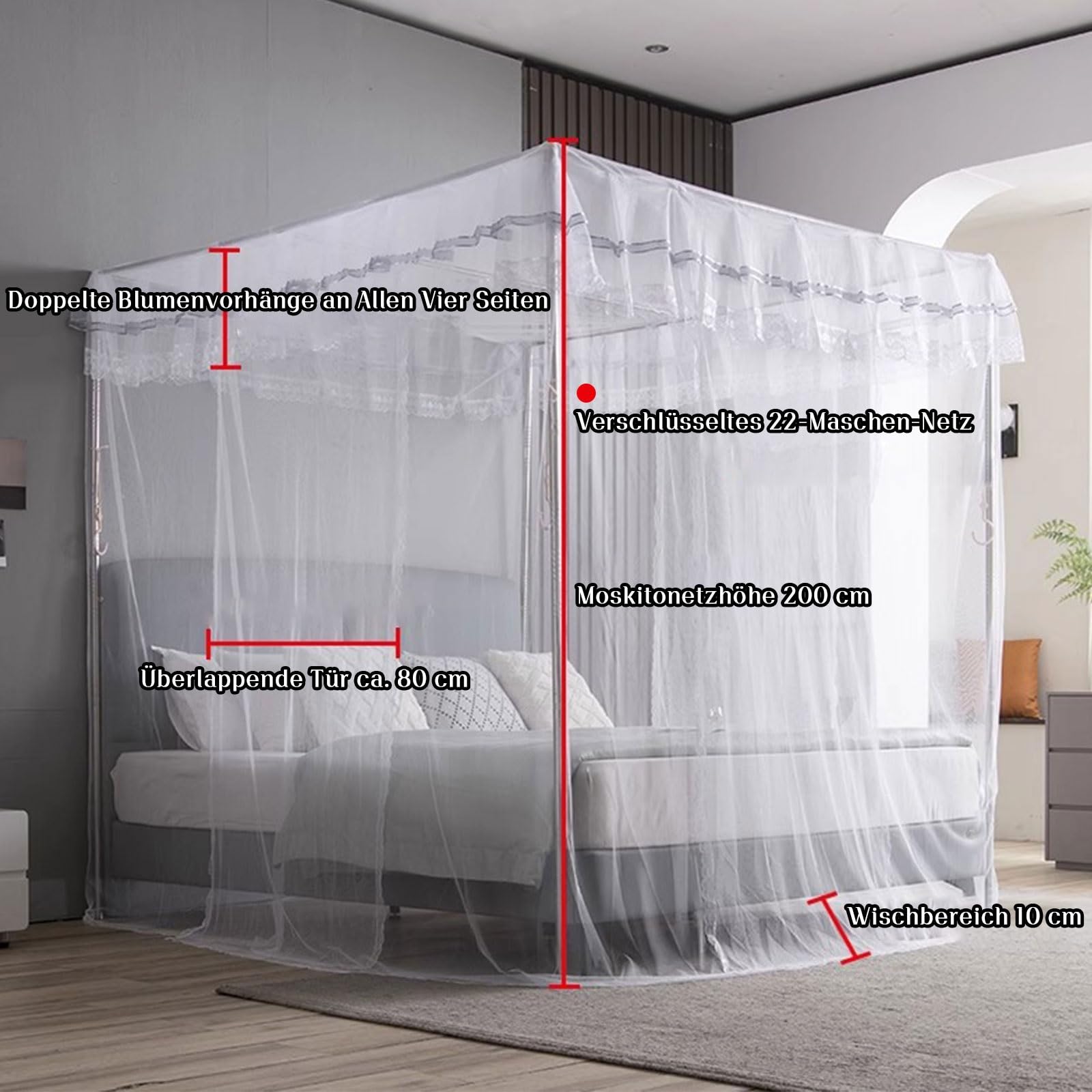 Moustiquaire De Lit avec Support Autoportante, Ciel De Lit Rectangulaire Mailles Fines Anti-Insecte, Mouche Et Moucheron, Rideau De Lit avec Porte, Portable pour Voyage, Maison, Camping Et Tente