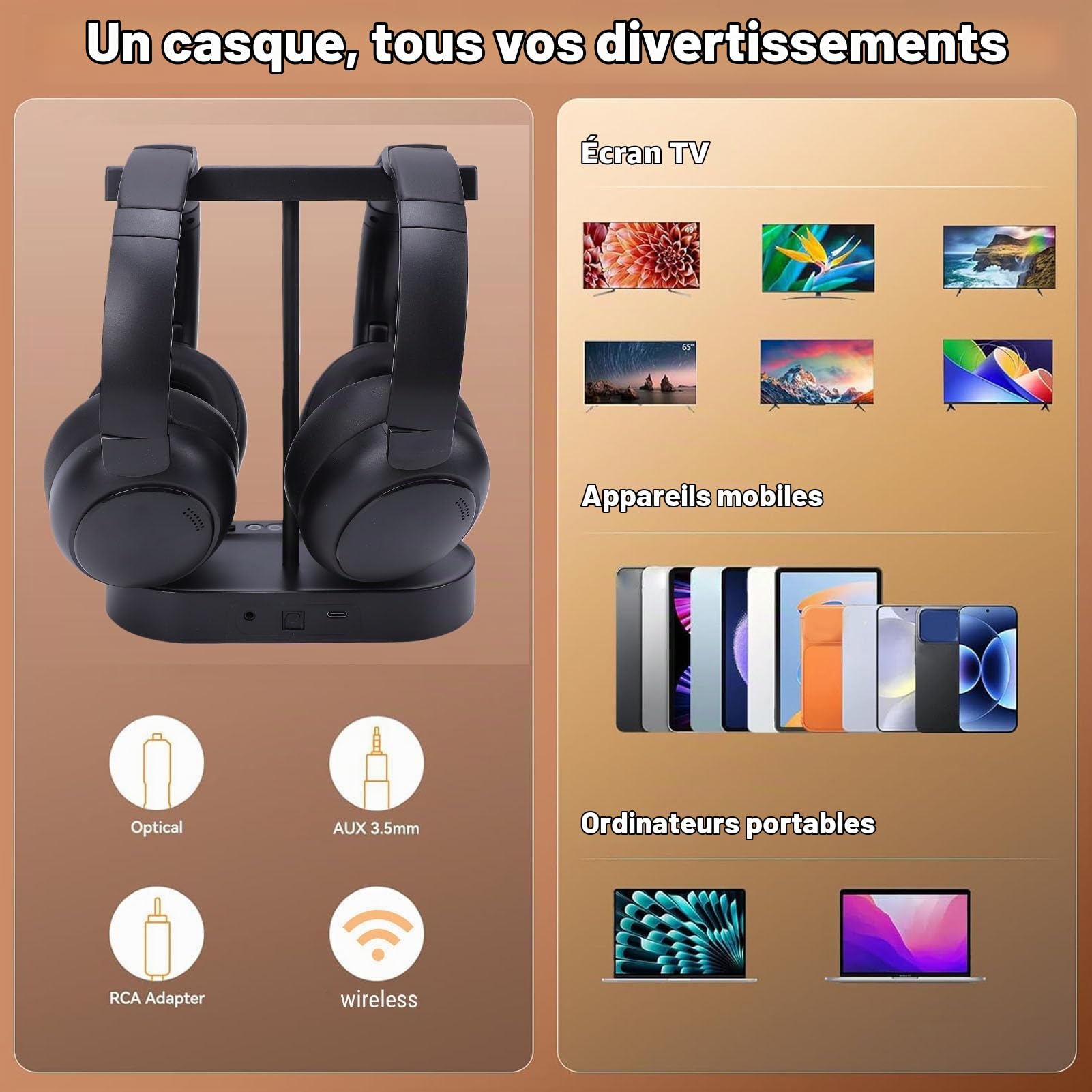 Goshyda Double Casque sans Fil pour Regarder la Télévision, Casque TV 2,4 GHz à Faible Latence avec Base de Chargement de L'émetteur, Bluetooth 5.4, Stéréo HiFi, pour Personnes âgées
