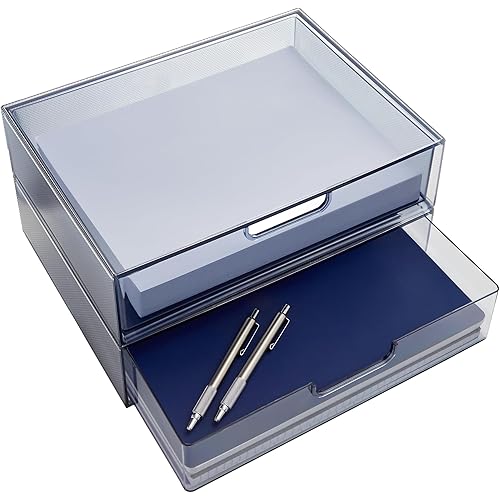 STORi STAX Plastic Stackable Organizer Drawers (Set of 2) Classic Grey | 12.5" Wide | Set Includes Two Open Drawer | Organize Office Desk Accessories & Sort Paper | Made in USA