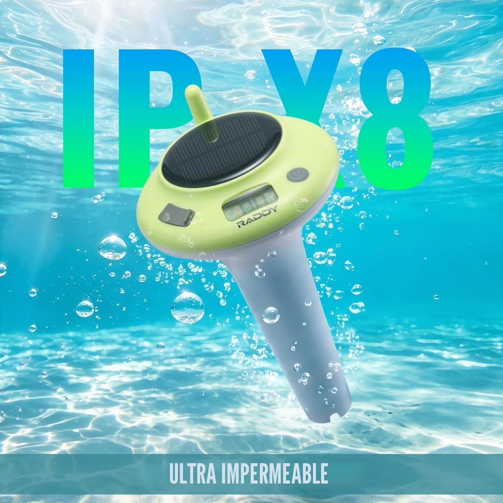 Raddy PT-5 WiFi con App Termómetro de Piscina, Sensor de Temperatura Flotante Inalámbrico y Pantalla Interior, Termómetro Digital IPX8, Carga Solar y USB-C para Jacuzzi, Spa, Estanque, Acuario