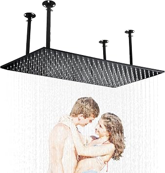 Luxury Large Ceiling Rectangle Rainfall Shower Head, 16x32inch High Pressure Rain Showerhead with Silicone Nozzles Full Body Fixed Showerheads For Modern Bathroom, Black Finish