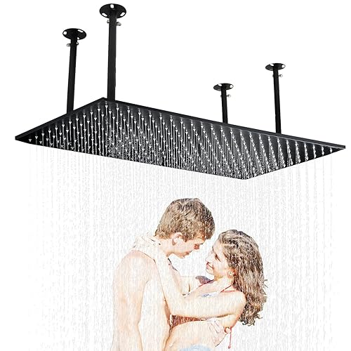 HOMEDEC Luxury Large Ceiling Rectangle Rainfall Shower Head, 16x32inch High Pressure Rain Showerhead with Silicone Nozzles Full Body Fixed Showerheads For Modern Bathroom, Black Finish