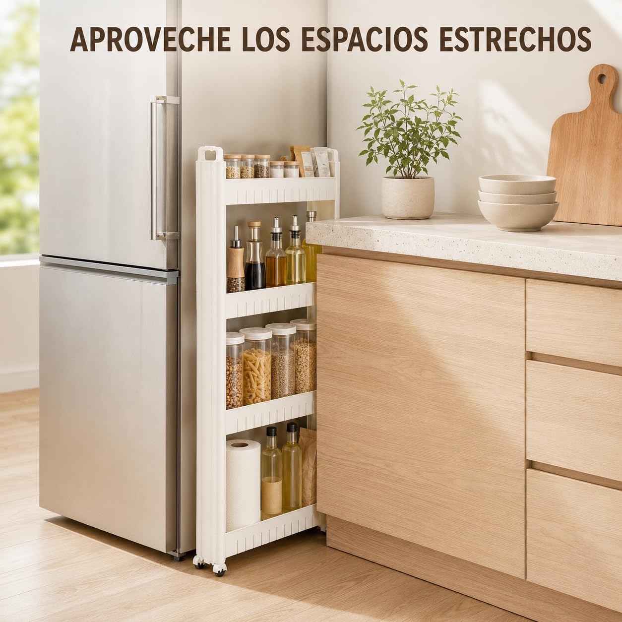 Genérico Carrito Estrecho de Almacenamiento con Ruedas, Estantería Móvil de Plástico con 4 Ganchos para Baño, Cocina, Lavadero, Blanco (73cm)