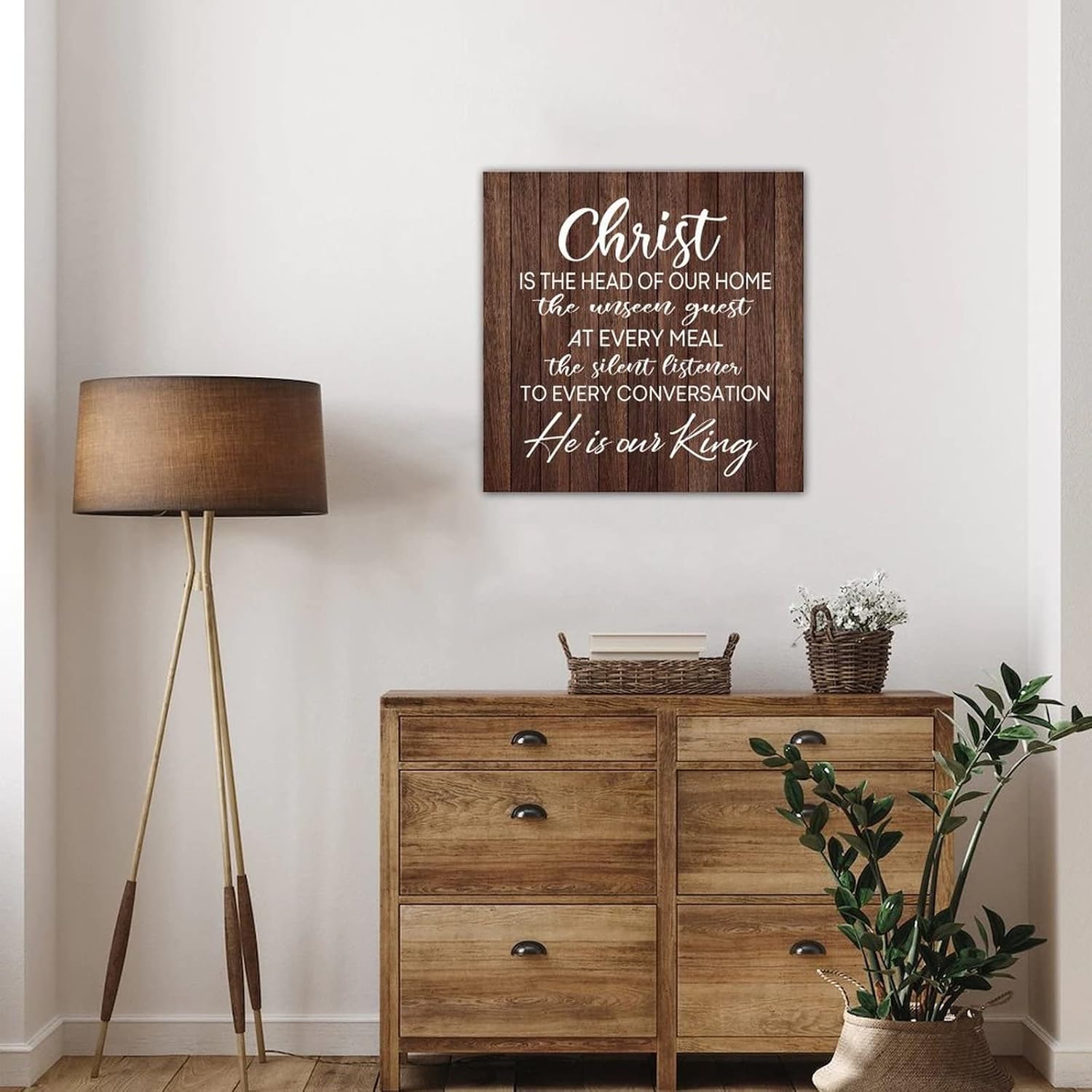 Wood Sign Christ Is The Head of Our Home Country Wooden Wall Pediment Rope Included Old Fashioned Wooden Wall Hanging Plaque Home Sign for Cabin Kitchen Decorations 18 Inch