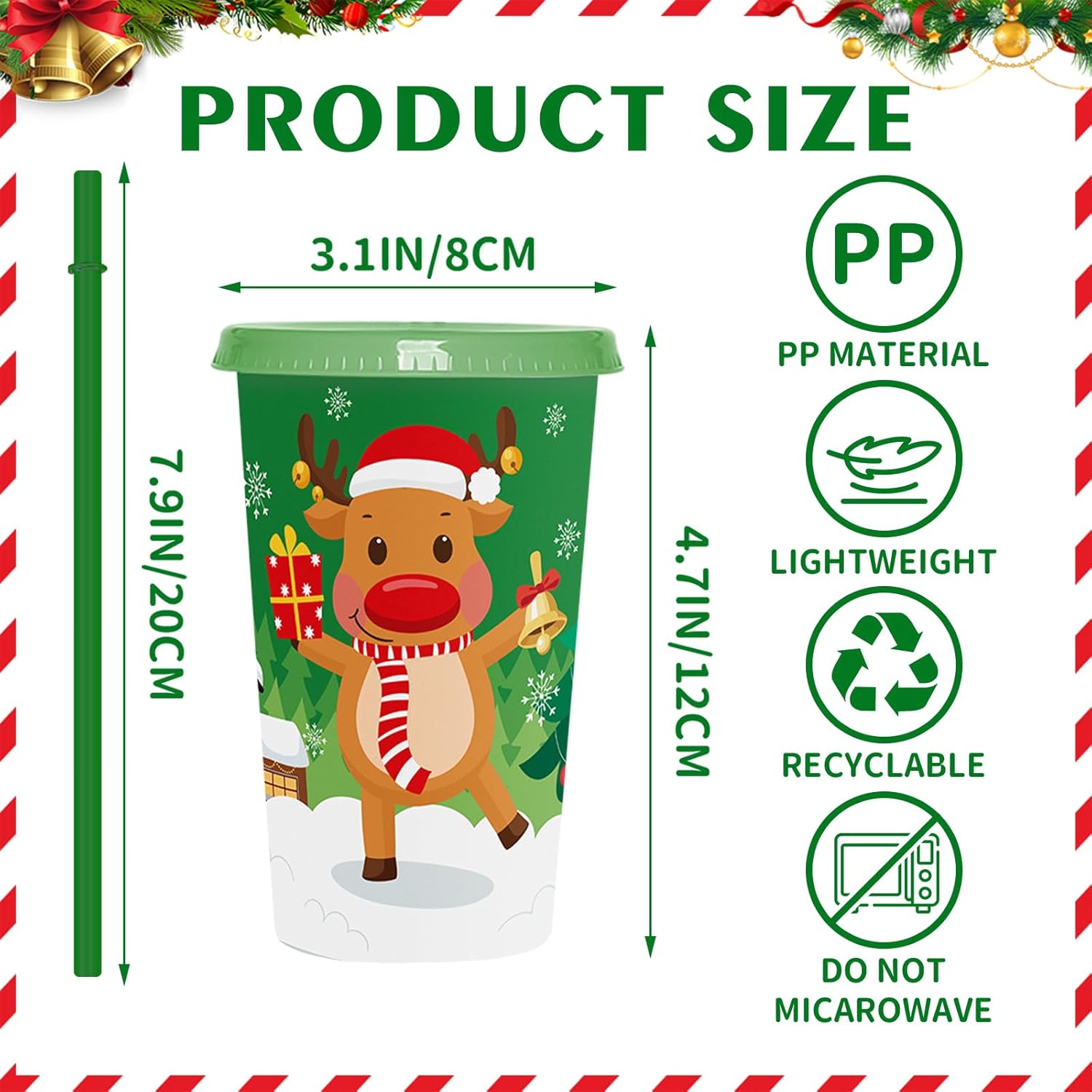 Jansun 12pcs Christmas Cups with Lids and Straws, 12Oz Reusable Plastic Cups for Party Decorations Winter Christmas for Holiday Birthday Party Favors Supplies