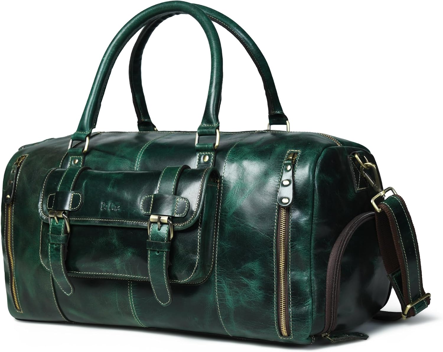 Genuine Full Grain Leather Carry On Travel Bag 21x11x10 with Trolley Straps, Shoe Compartment, Shoulder Strap by De Lira - Upland Green