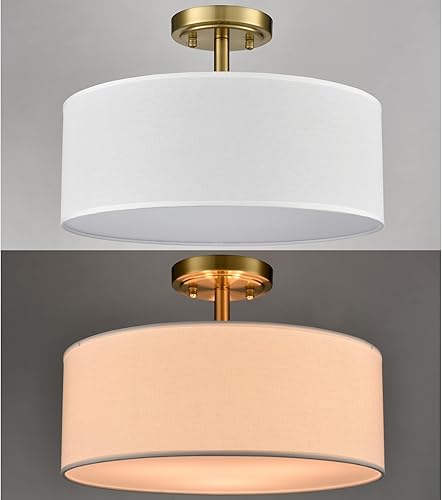 Vista 15 de Lámpara de techo semiempotrada dorada regulable de 15 pulgadas con pantalla de tambor, lámpara LED de latón, para dormitorio, pasillo, sala de Dorado