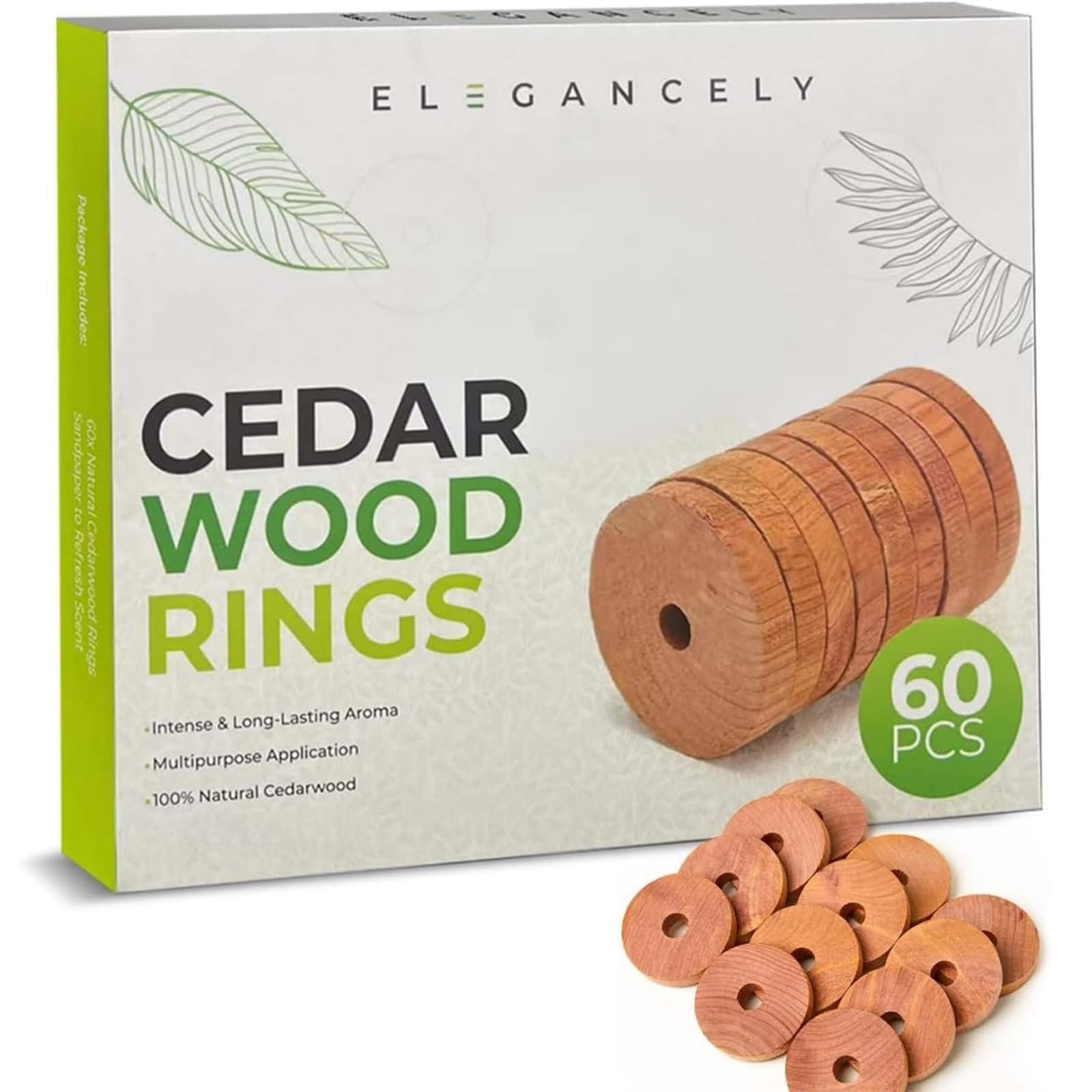 Elegancely 60 Pcs Moth Repellent for Wardrobes, 100% Natural Cedarwood Moth Repellent | 4cm Cedar Ring Blocks vs. Standard Cedar Balls & Moth Balls for Wardrobe - 6 Sandpapers & 2 Gauze Bags Included