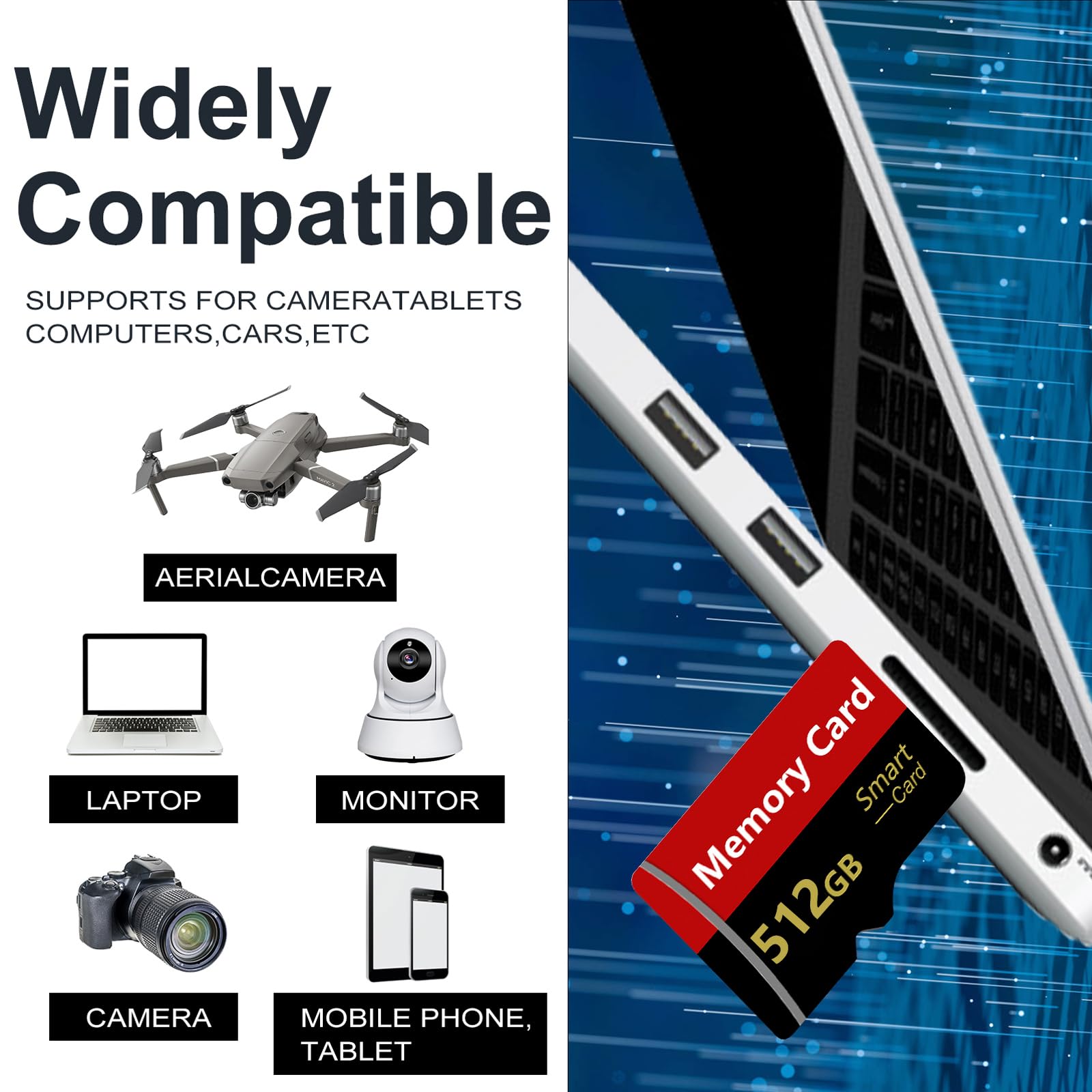 Carte SD 512 Go Grande Capacité Carte Mémoire 512 Go Carte SD Mini Portable Carte Mémoire pour Smartphone, Drone, Appareil photo, Tablette