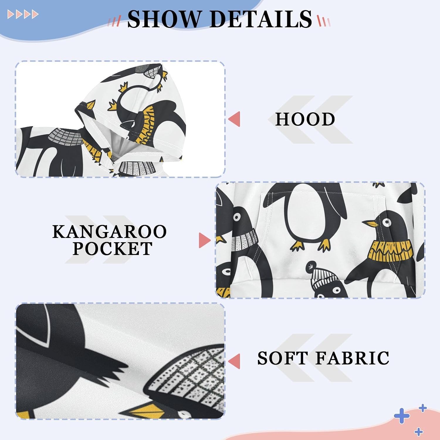 ZZXXB Winter Penguin Kids Sweatshirts Boys Girls Hooded Kangaroo Pocket Pullover Tops XS-XXL
