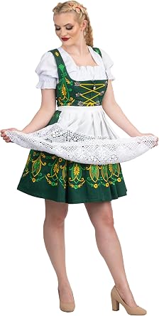 Womens Traditional German Dirndl Dress 3-Piece Short Green Oktoberfest Outfit