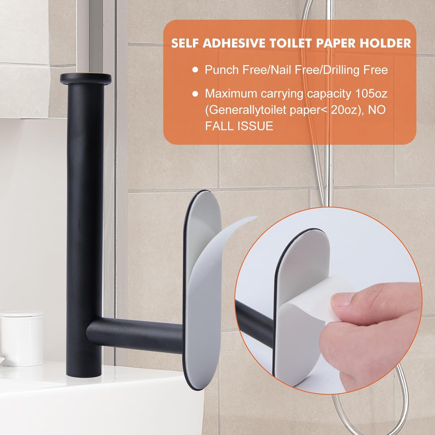 2 Pcs Adhesive Toilet Roll Holder Stand - Matte Black Stainless Steel, Rustproof Toilet Paper Holder No Drilling Tissue Holder for Kitchen Bathroom Wall Mount Bathroom Tissue Holder