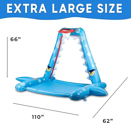 Miniatura 2 de Zone Tech - Aspersor de salpicaduras para niños al aire libre, gran aspersor inflable de tiburón con aro de baloncesto, almohadilla de salpicaduras