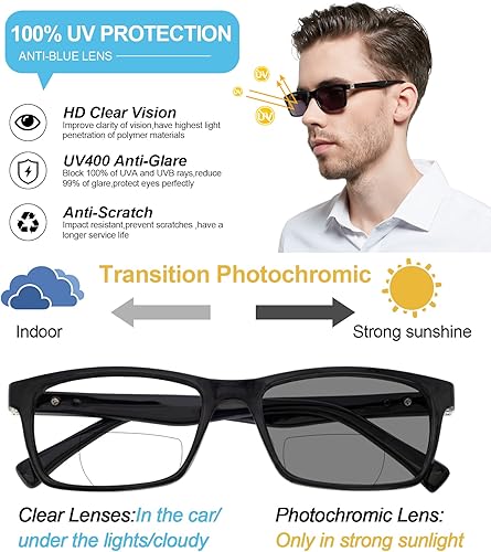 Miniatura 4 de OCCI CHIARI Gafas de lectura bifocales fotocromáticas para hombres,Gafas de sol de transición cuadrada con protección UV