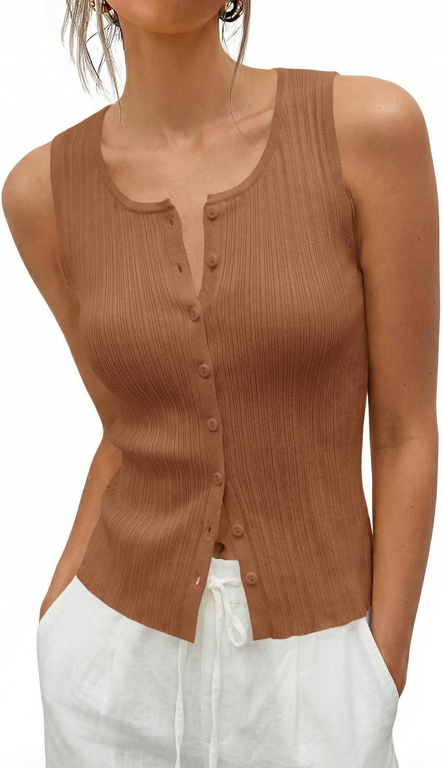 Saodimallsu Womens Sleeveless Sweater Vest Button Down Ribbed Knit Tank Top Scoop Neck Summer Trendy Vest Tops