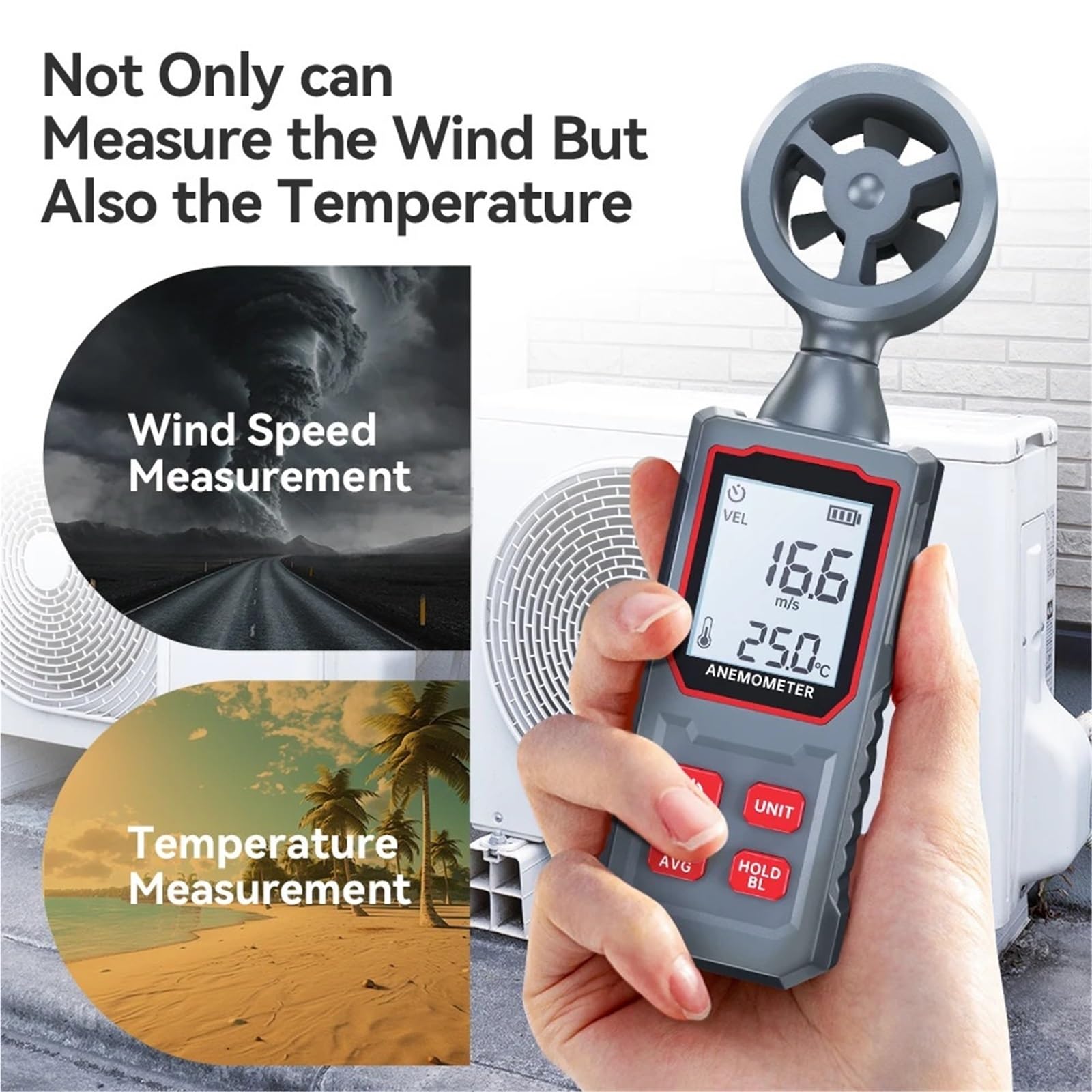 Wiatromierz, Przenośny cyfrowy anemometr, miniaturowy miernik prędkości wiatru, przepływu powietrza i temperatury z podświetleniem LCD