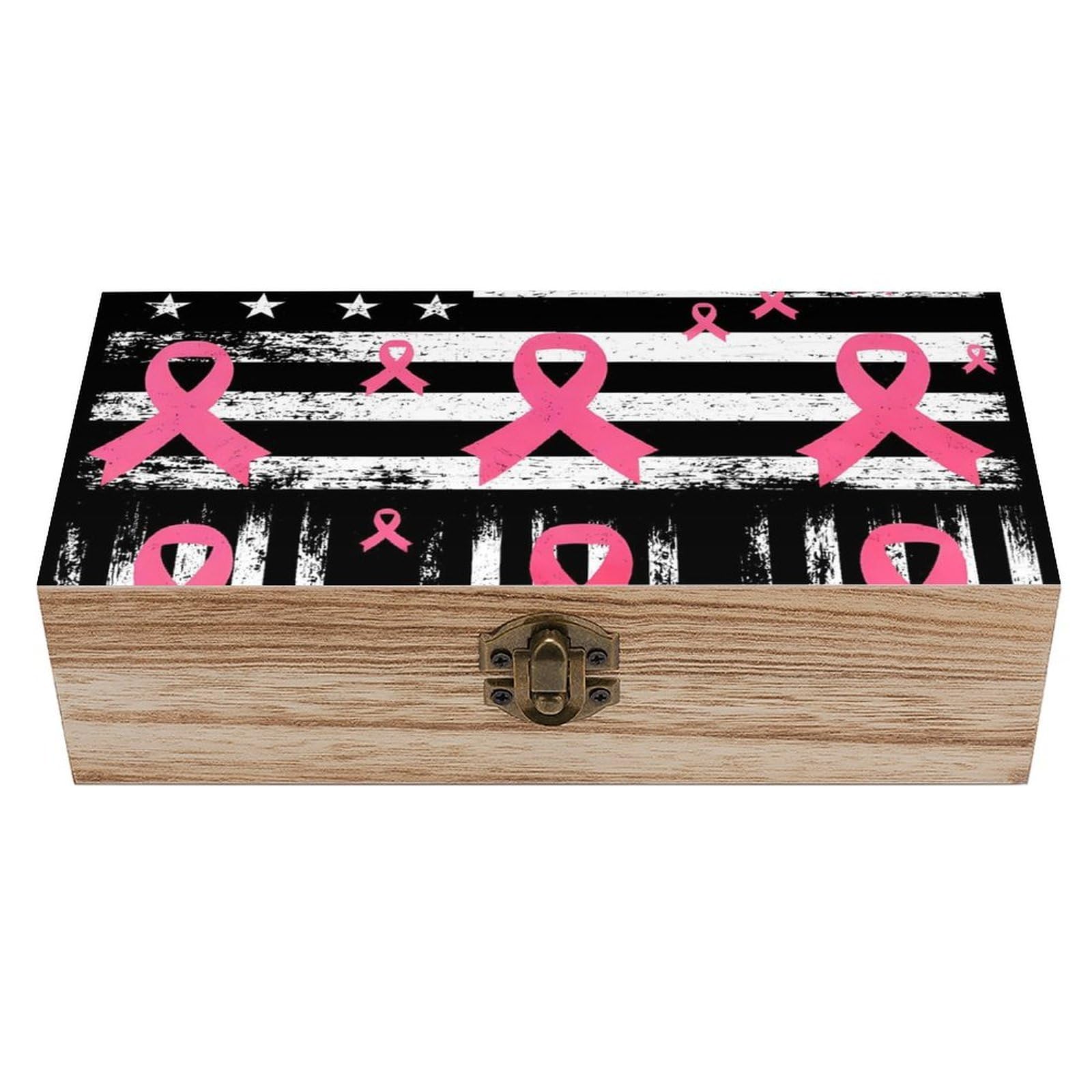 HLBSDM Breast Cancer Awareness Ribbons American Flag Wooden Storage Box