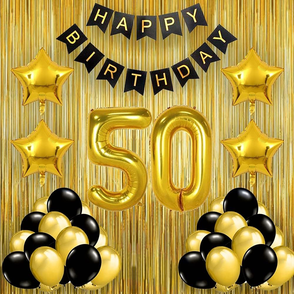 - Black Gold 50th Birthday Party Decorations with Birthday Banner, Star, Latex Balloons, Curtains and 50 Digit No. Set of 39 Supplies