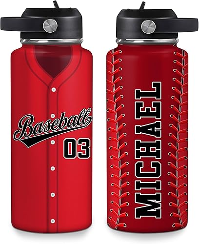 Vista 16 de Hyturtle Botella de agua de béisbol personalizada, botella de acero inoxidable aislada de viaje con tapa a prueba de fugas, 18 onzas, 32 onzas