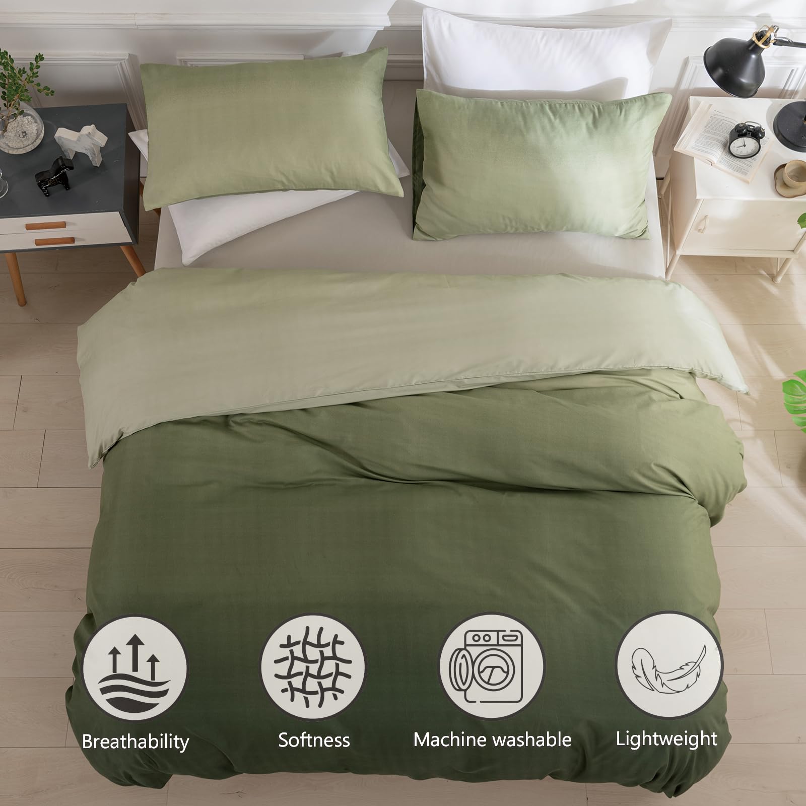 TTCM King Size Duvet Cover Sets, Gradient Green King Duvet Cover Set Soft Microfibre Polyester Bedding Set, 3 Pieces - Image 3