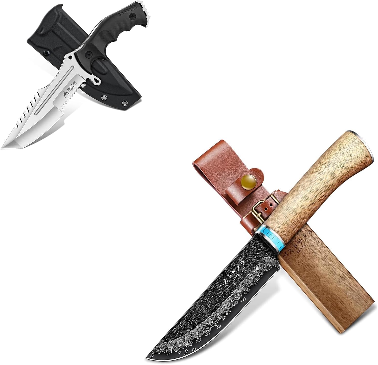 Freelander Damascus Fixed Blade Knife Bundle With Fixed Blade Knife D2 Steel