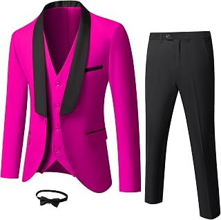 Men's 3 Piece Slim Fit Tuxedo Suit Set, One Button Shawl Lapel Solid Blazer, Jacket Vest Pants with Bow Tie
