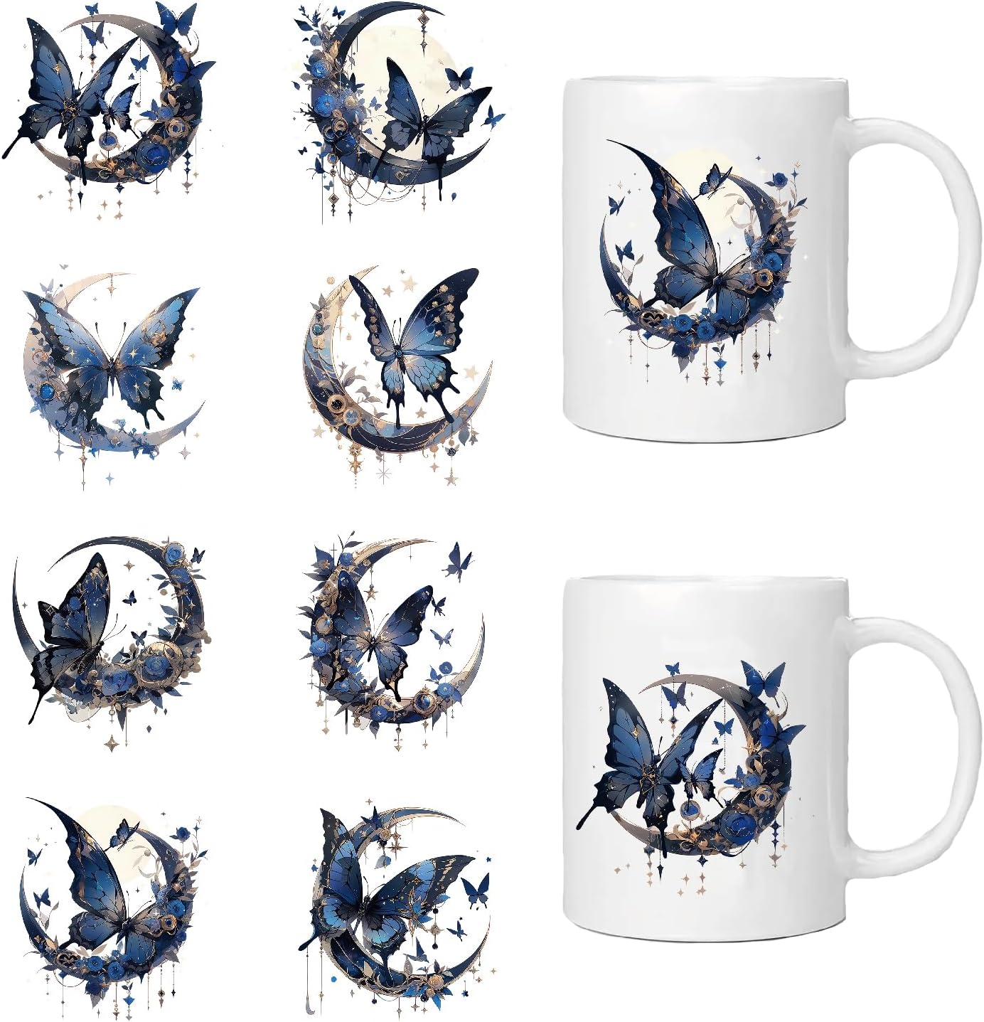 8 Pieces of Blue Moon Butterfly UV DTF Transfer Stickers, Waterproof, Scratch Resistant, self-Adhesive, Suitable for DIY Decoration of Ceramic Cups, Glass Cups, Metal Cups, and Various Items