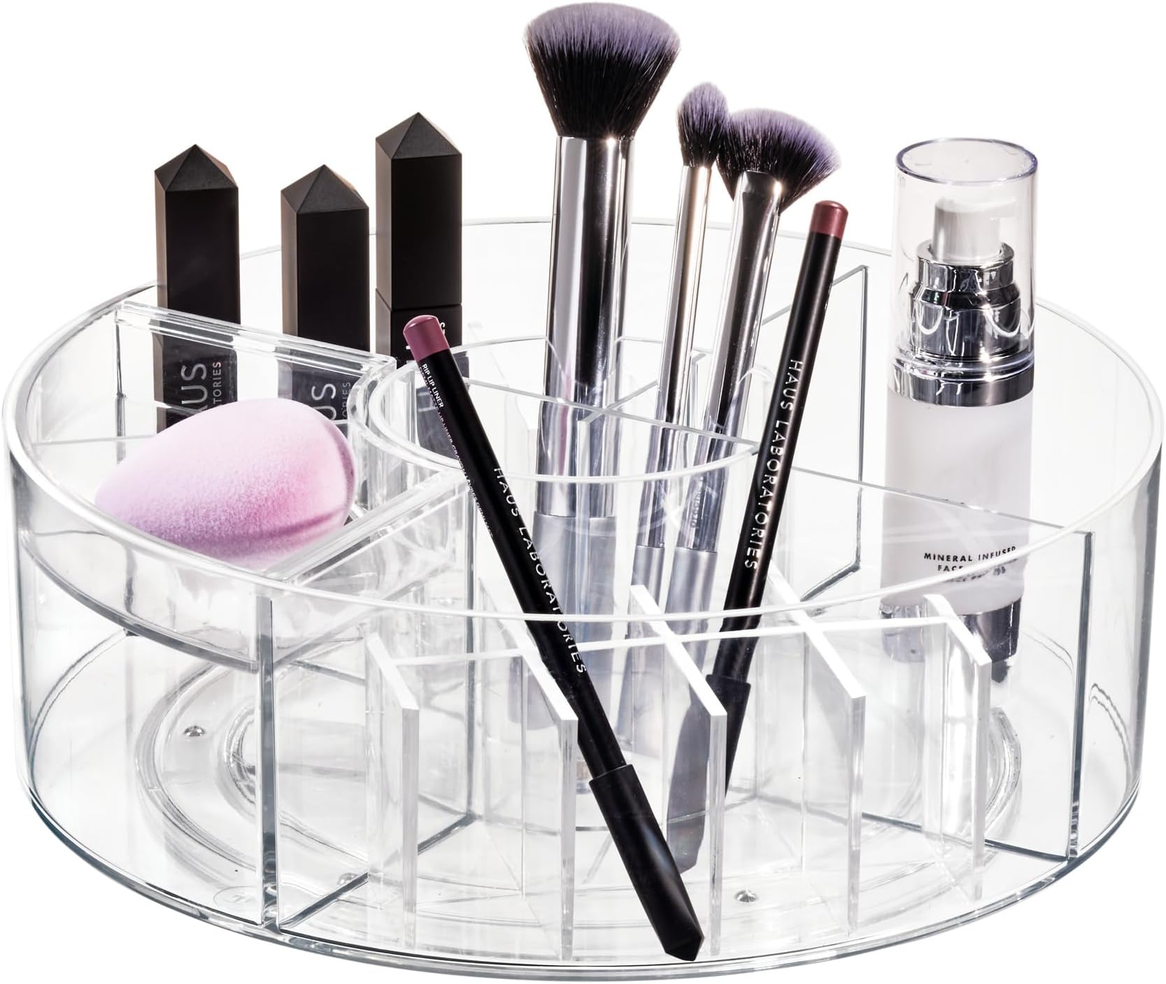 iDesign Customisable Turntable from The Signature Series by Sarah Tanno, Spacious PET Organiser Storage, Circular Makeup Box, Clear/Matte White, 25.5 x 19.6 x 9.5 cm
