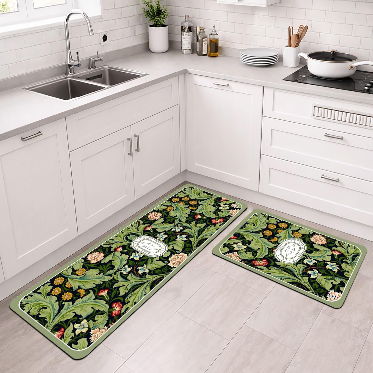 Luxe Home Kitchen Mat Combo Beauty Floral Design Standing Desk Floor Mat Non Slip Kitchen Rugs, Comfort Runner Floor for Home Office, Sink & Laundry - Green (116x36 & 58x36 cm PC-2)-image-9