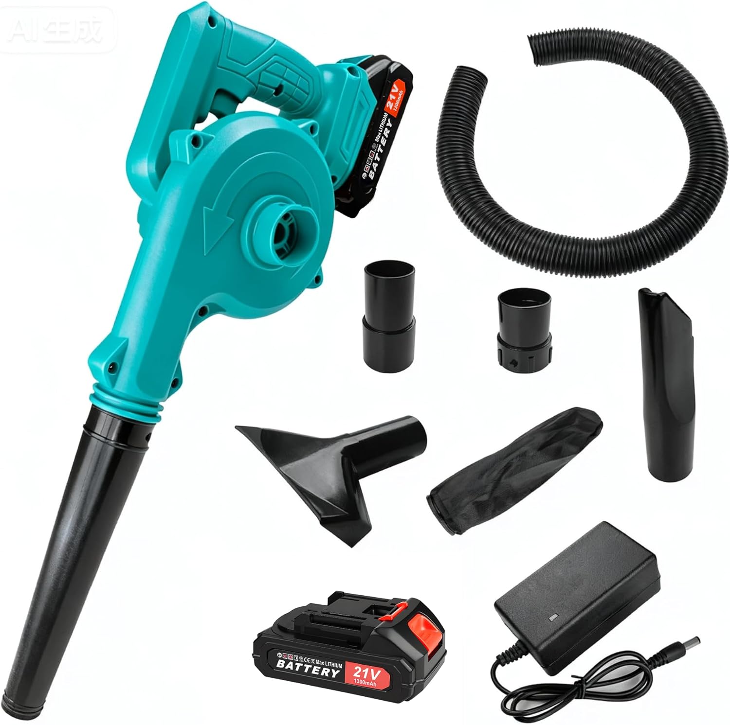 Cordless Outdoor Blower&Vacuum 2-in-1,12000RPM,300W Equivalent with 1300mAh Batteries and 5 Nozzle Accessories Blue