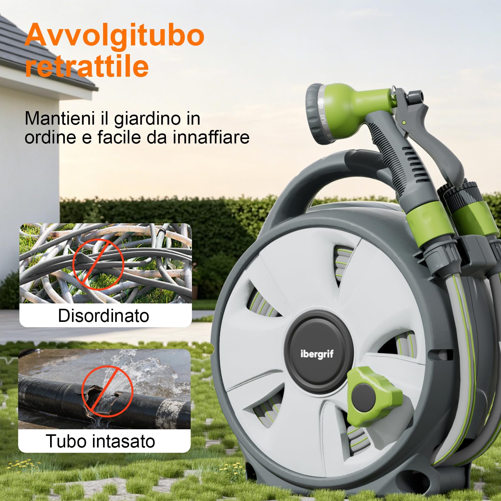 Ibegrif M22220 Avvolgitubo 10M con Pistola per Irrigazione 8 Modelli Regolabili, per camper, campeggio, caravan, Grigio