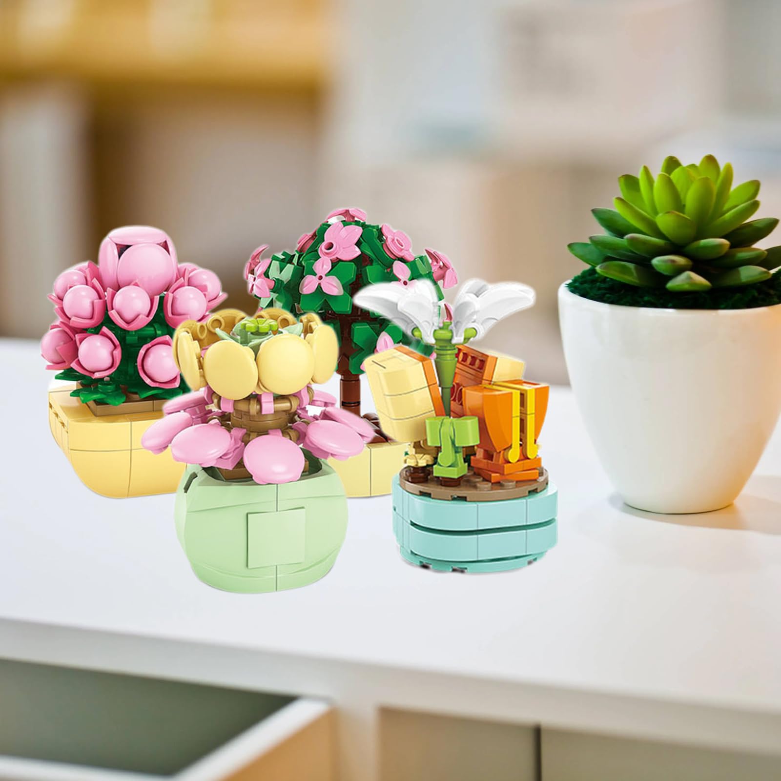 Mini Sukkulenten Bonsai Bausteine Set – 2 Blüten, Aus ABS-Kunststoff, Für Home-Deko & Botanische Sammlung