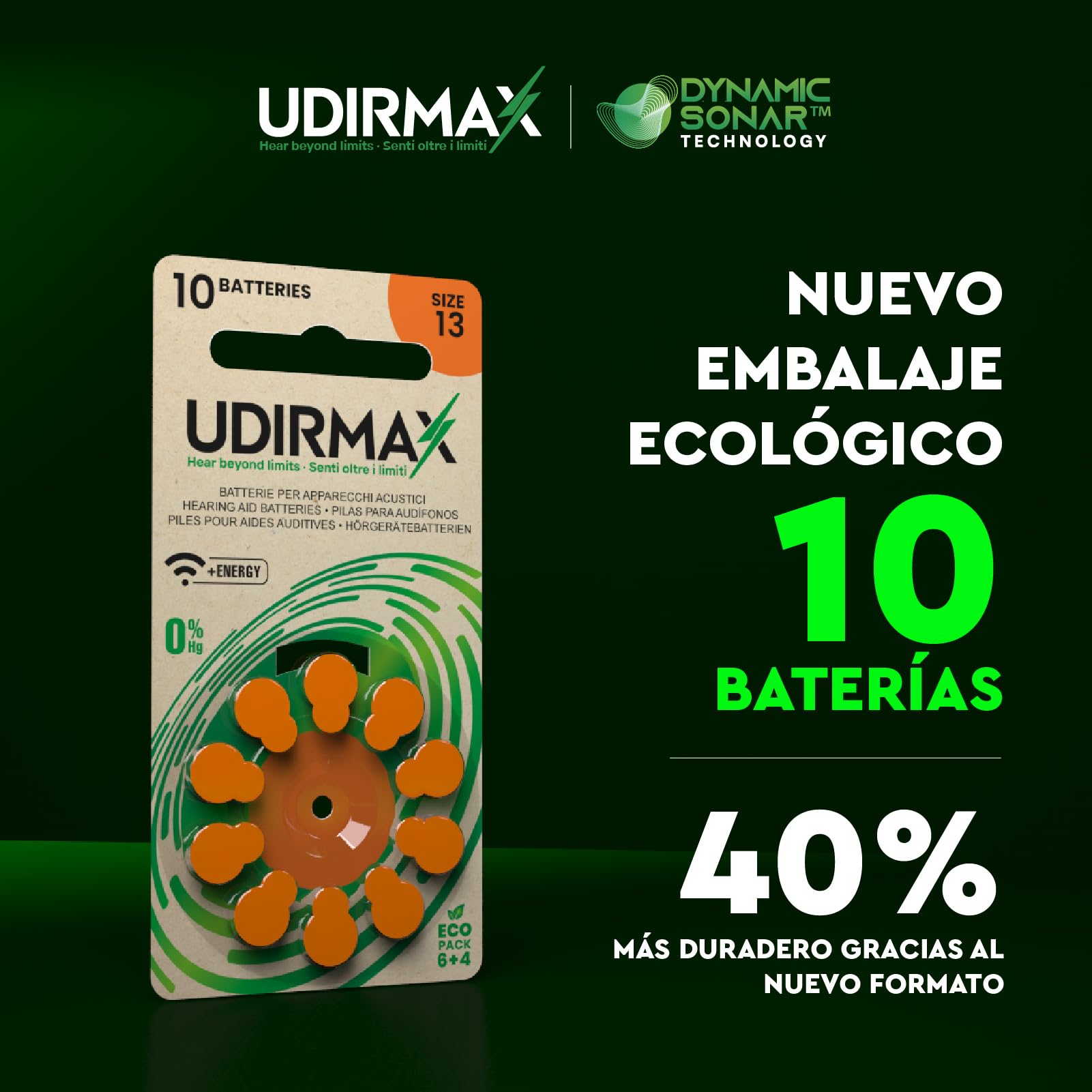100 Pilas PR48 para Audífonos Tamaño 13 Naranja Udirmax Batteries Zinc Aire 1.45V Sin Mercurio con Tecnología Dynamic Sonar Paquete Eco 10 Blísters de 10 Pila