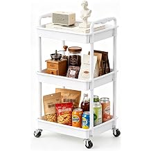 SUNALLY 3-Tier Rolling Cart with 2 Lockable Wheels, Multifunctional Storage Organizer for Bathroom, Kitchen, Office, Craft, Makeup, Baby Essentials, White