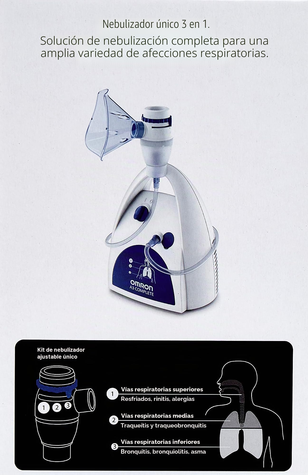 OMRON A3 Nebulizador de aerosol Complete 3 en 1: trata las vías respiratorias altas, medias y bajas, adecuado para resfriados, infecciones, alergias y asma