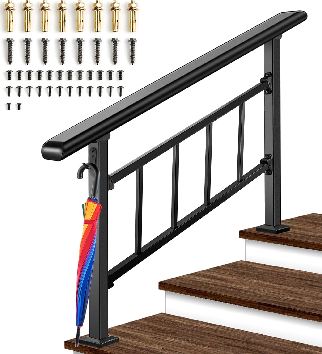 Fence & Rail Hand Rails For Outdoor Steps, 1 To 3 Step Handrail, Iron Indoor Stair Railing Kit With Antirust Coating & Curved Design, Non-Slip Banister, Railings For Porch & Deck, Black - View #4
