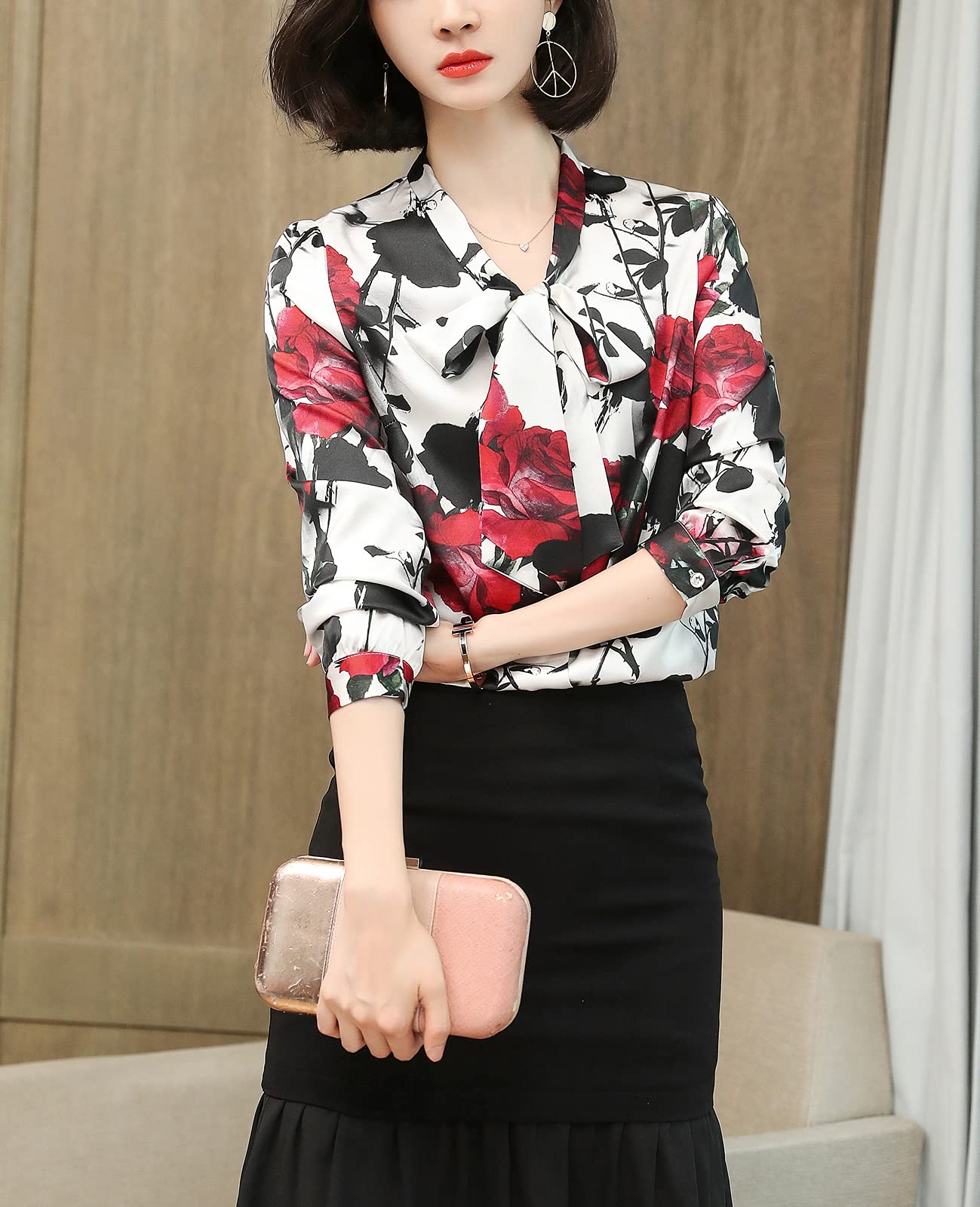 E-girl Blusa de seda para mujer con estampado de puente, blusa de manga larga para mujer, blusa de seda, S3512
