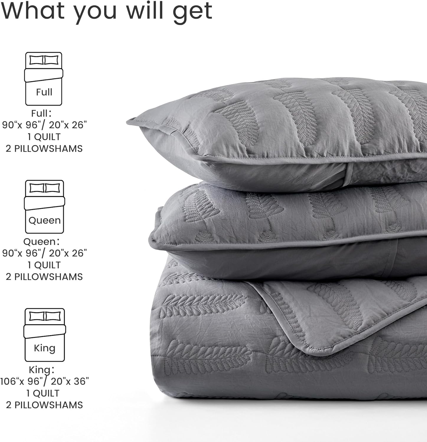SLEEP ZONE Stripe Quilt Sets, Full/Queen Size Bedspread Bed Coverlets for All Season Lightweight Quilts with 2 Pillow Shams 90x96 inch, Gray Leaf
